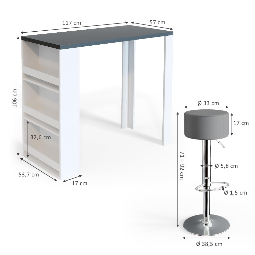 Vicco Set de Mesa de Bar, Blanco/Gris, 57 x 117 cm con 2 taburetes de Bar, Apto como Zona de Comedor Adicional en la Cocina o en el salón