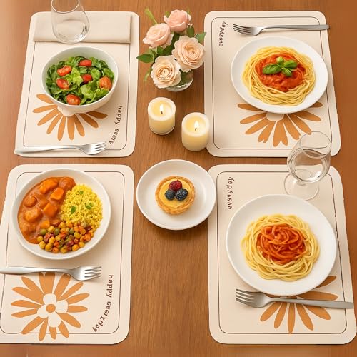 Image of YELONA Leather Dining Table Placemats Set of 4 - Waterproof, Heat Resistant, Anti-Slip, Easy to Clean Table Mats for Dining Table, Kitchen & Home Decor (Ivory White, 40 x 30 cm)