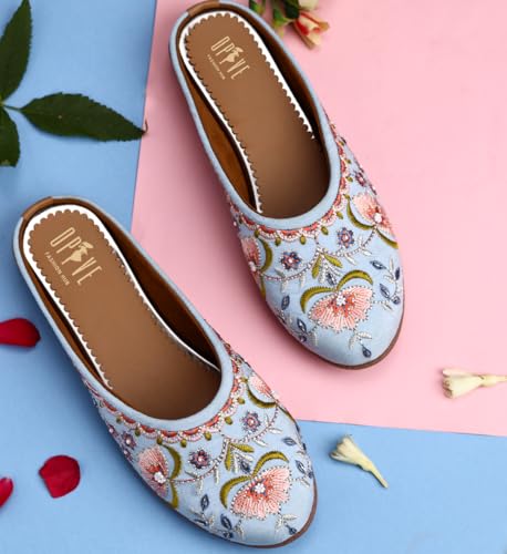 Image of OPIVE's Mehandi Women's Mojari Jutti Ethnic Punjabi Juttis Traditional Flat Embroidered Canvas Fancy Bellies Comfortable Sole for Womens & Girls