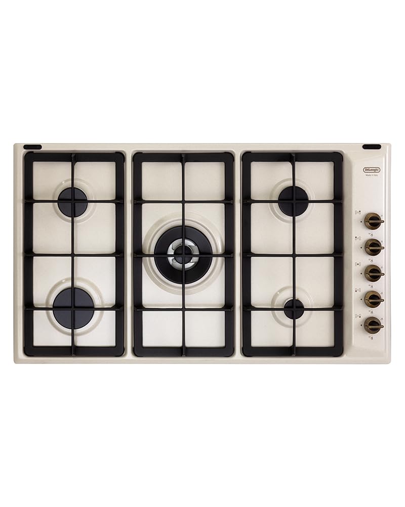 De'Longhi AVL 59 PRO Piano Cottura A Gas 90 Cm, 5 Bruciatori 1 Doppia Corona, Acciaio Smaltato Avena, Griglie In Ghisa, Manopole Ottone Anticato, Design Country