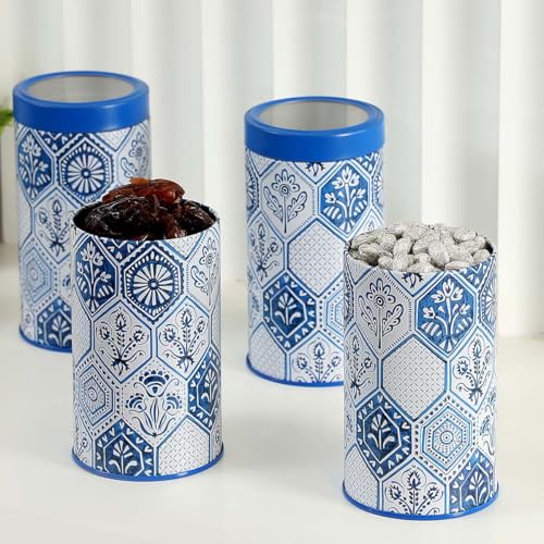 Image of Maroc Collection Airtight Kitchen Container Set| 1100ML- Set of 4| Food Grade Metal Jars for Dals, Millets & Dry Food Storage| Vacuum Lid, Rust Resistant, Stylish Moroccan Blue Canisters