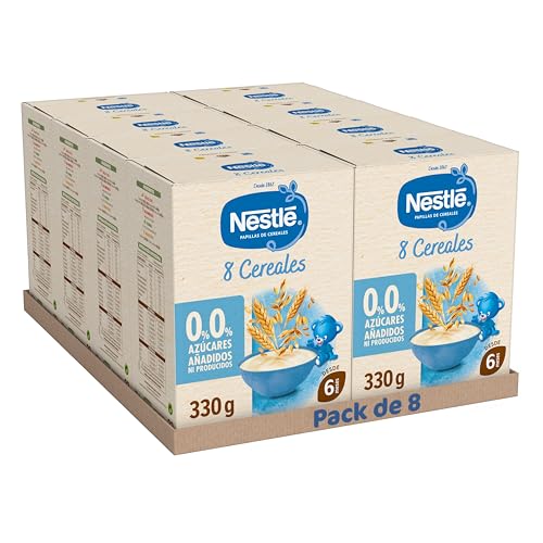 NESTLÉ 0%0% Papilla 8 Cereales 330g, sin azúcares añadidos ni producidos, a partir de 6 meses, pack de 8