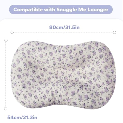 Image of FUNUPUP Muslin Baby Lounger Cover Only, Purple & Purple Floral | 100% Muslin Cotton Soft Breathable Easy On /Off Envelope Closure Machine Washable Easy-Clean Protector Neutral Colors