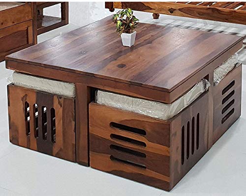 Image of Mamta Decoration Sheesham Wood Coffee Table for Living Room with 4 Stools | Center Table (Off White Cushion)