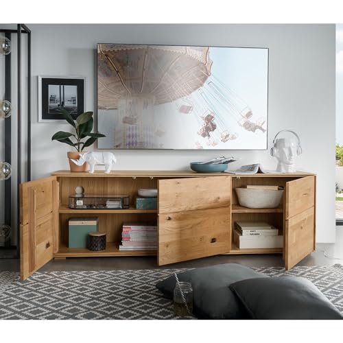 Lomadox Wohnwand Anbauwand braun in Eiche massiv geölt 4-teilig, 1 Hängevitrine, 2 Wandregale, 1 Sideboard – Bild 7