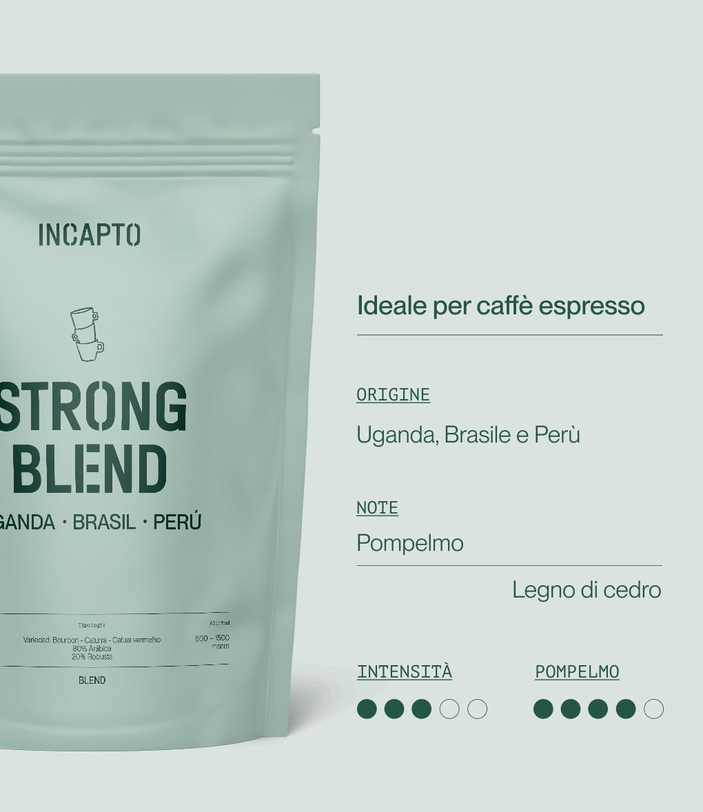 Incapto Caffè in Grani Strong Blend 1kg | Miscela 80% Arabica e 20% Robusta | Forte e Amaro | Orígines Uganda, Brasile e Perù | Tostatura Naturale