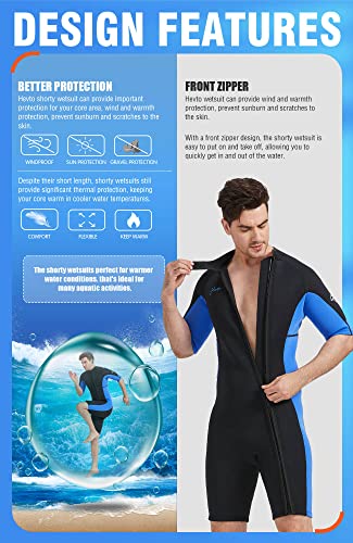 Hevto Men Shorty Wetsuits - 3/2Mm Neoprene Diving Wet Suit Front Zip For Kayaking Swimming Sup Paddleboard Snorkeling (M02S-Blue, L) #TOP3