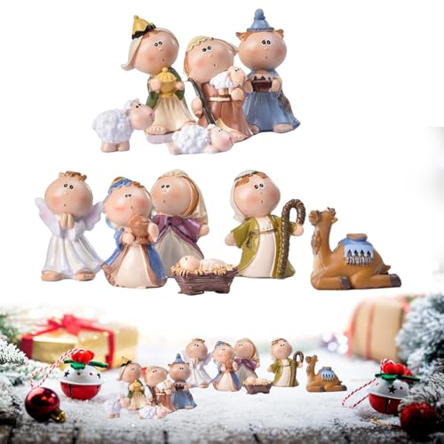 Fierudeng Juego de belén para Navidad, 11 piezas, figuras de belén de resina con establo de belén, figuras religiosas para fiestas, bodas, salones, ventanas, decoración de interiores