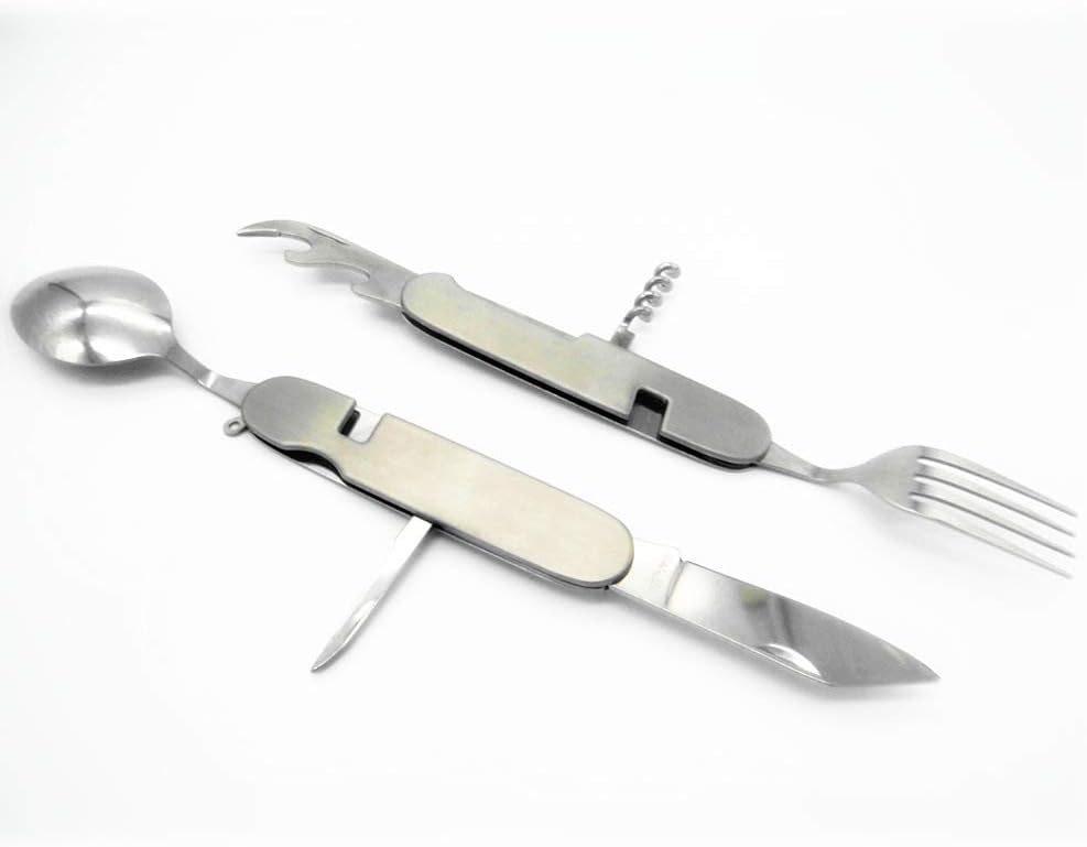 TKAS Camping Utensil Fork Knife Spoon Bottle Opener Set Stainless Steel Spork Gear Foldable Silverware Travel Hiking Survival