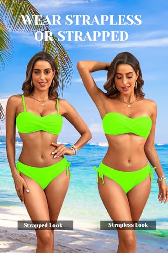 Image of Tempt Me Women Strapless Bandeau Bikini Set Twist Front Two Piece Swimsuit | Detachable Shoulder Straps, Molded Cup Design, Anti-slip Strips, Side Tie Bikini Bottom, Low Rise Fit