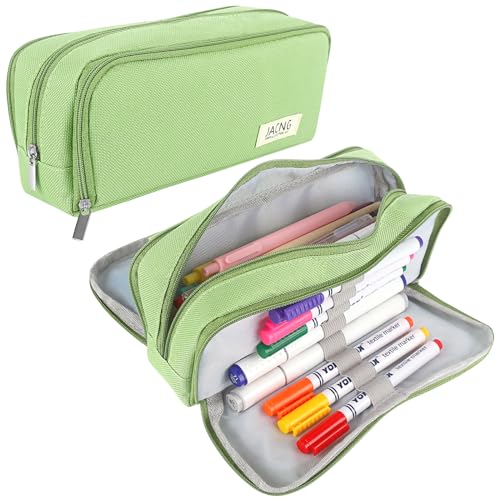 Image of Large Pencil Case Big Capacity Zippered Pencil Pouch with 3 Compartments Portable Desk Organizer Pen Holder Multi-functional Cosmetic Makeup Pouch for Home School Office Supplies Light Green