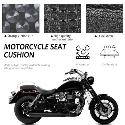 Image of DREAMIZER Black Crocodile Leather Pillion Passenger Pad Rectangular Motorcycle Solo Seat Universal Rear Cusion 8 Suction Cups Pillon Cushion Compatible with Harley Custom Chopper Cruiser