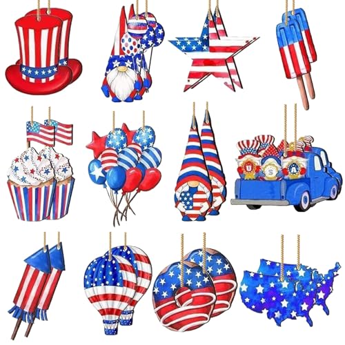 24 Pieces 4th of July Hanging Ornaments for Trees - Patriotic Wooden Signs Memorial Day Decoration...