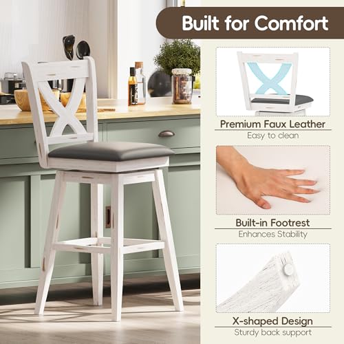 Image of MU Swivel Bar Stools Set of 2, 29 inch Bar Height Kitchen Island Chairs with Back, Upholstered Seat Barstool with Solid Wood Legs & Footrest, Counter Stools for Pub, Bar, Restaurant (Antique White)