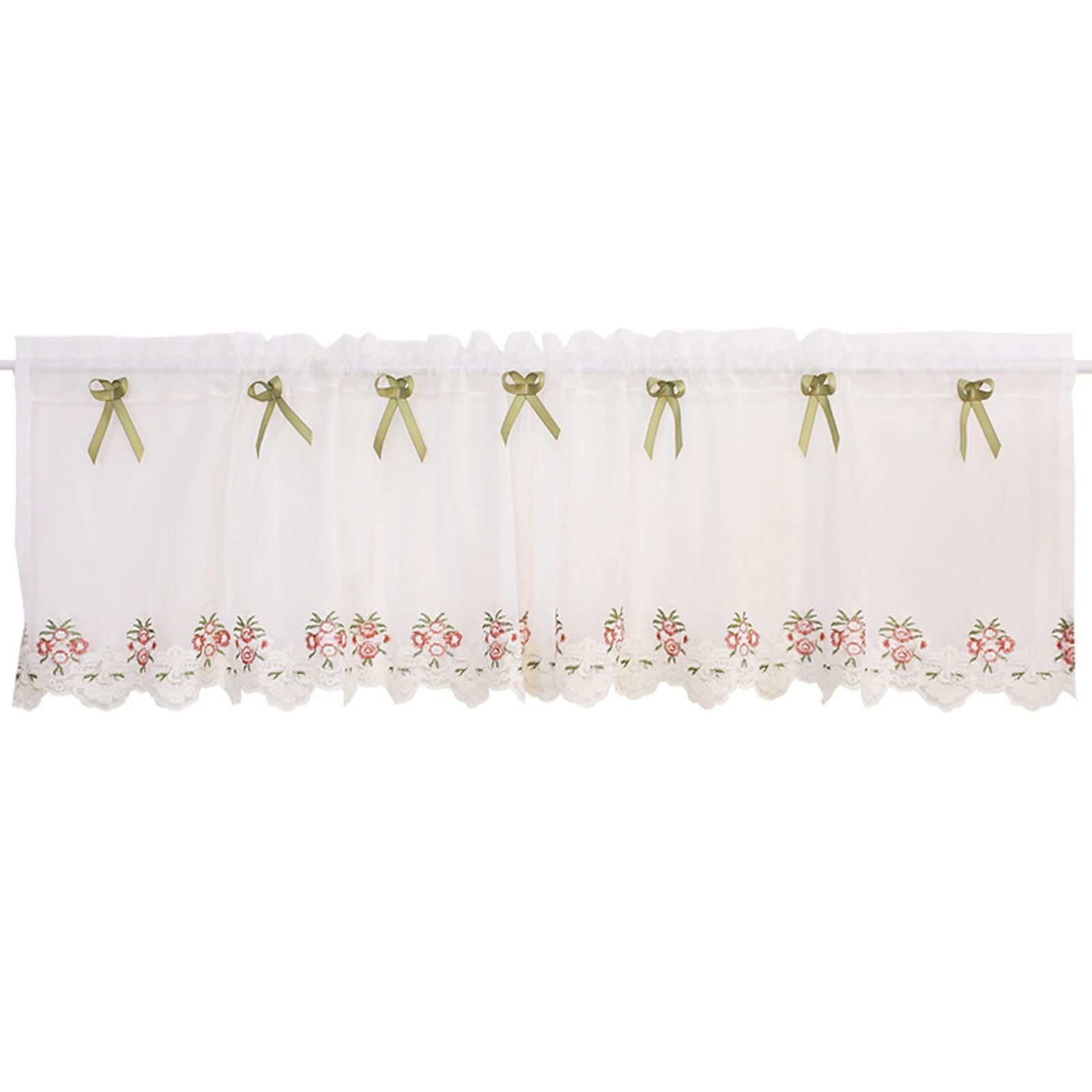 1-częściowa firanka bistro, 1 x 150 x 50 cm (wys. x szer.), krótka, biało-zielona, z kokardką i haftowanymi kwiatami, z kieszenią na wędkę