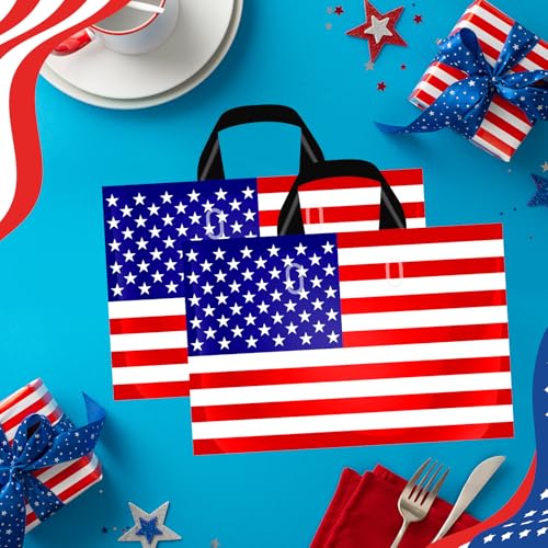 Sweetude 48 Pcs American Flag Plastic Shopping Bag with Handle 10 x 13\'\' Patriotic Gift Bags for Memorial Day Independence Day Party