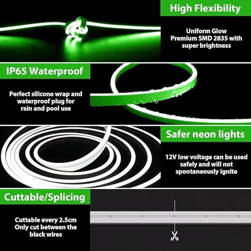 Image of 16.4 Feet LED Neon Strip Lights, with 12V Adapter, Waterproof IP65, Silicone Flexible Rope Light for Home Decor | Led Strip Lights | Neon Lights | DIY | (Green)