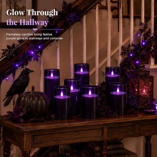 Image of Homemory Dark Gray Flameless Candles, Purple Glow, Remote Timer, Set of 9