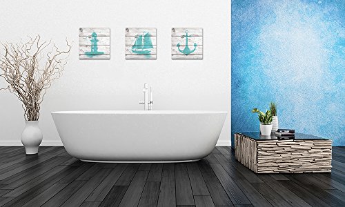VVOVV Wall Decor Teal Bathroom Wall Art Turquoise Pictures Nautical Bathroom Decor Canvas Prints, 12x12inchx3Pieces - Image 4