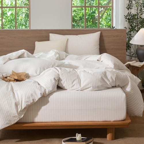 Image of MooMee Striped Duvet Cover Set 100% Washed Cotton Linen Like Twin | Relaxed Linen-like Texture. Soft, Breathable & Long-lasting Comfort. Lightweight. Hidden Zipper with 8 Interior Corner Ties
