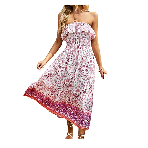 AYBIOSD Vestidos De Verano para Las Mujeres Sin Tirantes Boho Floral Print Vestido Split Flowy Long Beach Dresses,Rosado,M