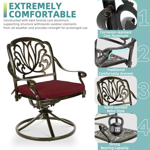 Image of MEETWARM 7-Piece Outdoor Patio Dining Set, All-Weather Cast Aluminum Patio Conversation Set for Backyard Garden Deck with 6 Cushioned Swivel Rocker Chairs, 1 Rectangular Table, Chili Red