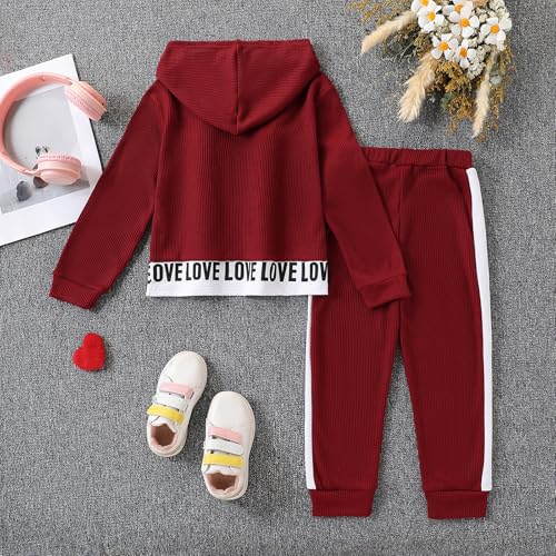Image of Toddler Kid Girls Clothes Ribbed Color Block Long Sleeve Hoodie Sweatsuit Set Fall Outfits