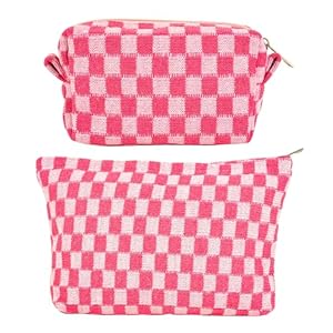 2 Pcs Makeup Bag For Women – Large Checkered Knitted Cosmetic Bags And Small Makeup Pouch Aesthetic Design Travel Toiletry Bag,Soft Cotton Knitted Skincare Bag ,Car Storage Bag With Zipper(Pink)