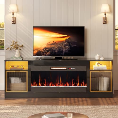 Bestier 70 Inch Fireplace TV Stand for TVs up to 80", LED Entertainment Center with 36" Electric Fireplace, Modern High Gloss Media TV Console with Storage Cabinet for Living Room Bedroom, Black