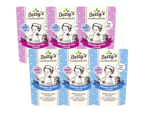 arelf Bundle Betty's - Juego de 6 bolsas de 100 g para comida húmeda para gatos, 2 variedades en mezcla, con taurina y aceite de borraja