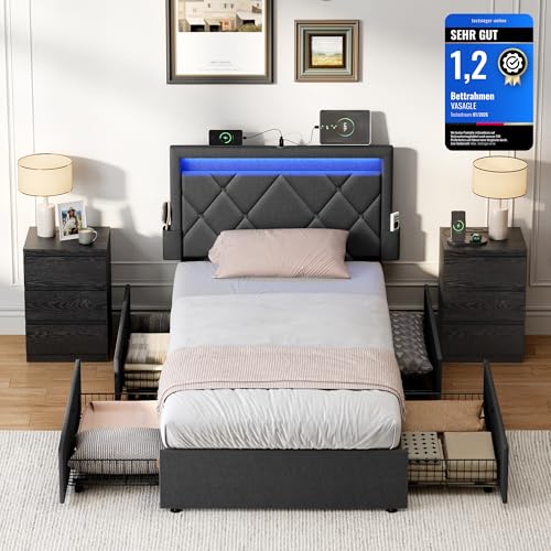 VASAGLE Einzelbettgestell, Bettgestell, 90 x 200 cm, LED, Metallbett, 4 Schubladen, Ladestation, verstellbares gepolstertes Kopfteil, dunkelgrau RMB820GN02