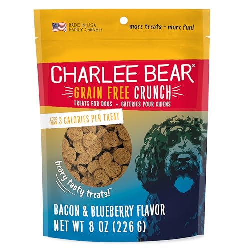 Charlee Bear Crunch Grain Free Dog Treats, Bacon and Blueberry, 8 Ounce Resealable Bag, Low Calorie Training Treats for Dogs, Limited Ingredient, Healthy, Crunchy Dog Snacks, Made in USA