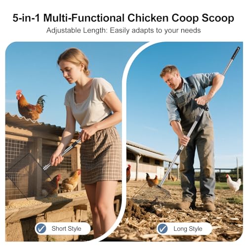 Image of 15inch Large Chicken Poop Scooper with Ergonomic Grip, 5 in 1 Adjustable Chicken Coop Pooper Shovel (24 to 76.5 inch), Stainless Steel Litter Sifting Shovel Scoop for Chicken Coop /Goat Stall /Stable