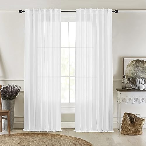 Belinna White Sheer Curtains 96 Inches Long for Living Room 2 Panels Set, Semi Sheer Curtain Drapes Rod Pocket, Flax Linen Blended Window Curtains for Sliding Door Bedroom Aesthetic Decor, 50”x96”