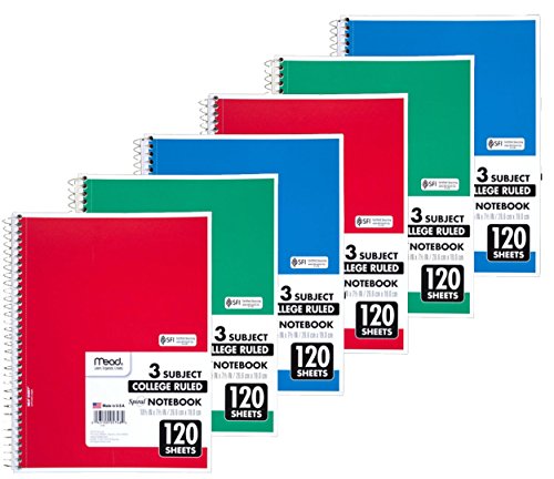 Mead Spiral Notebook, College Ruled, 3 Subject, 120 Sheets, 10.5