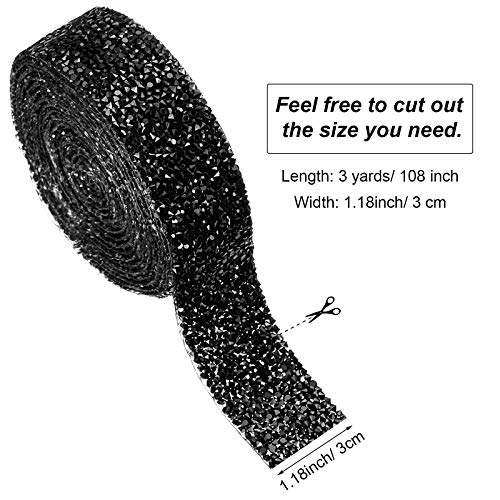 Crystal Rhinestone Ribbon 3 Yards Diamond Sparkling Bling Ribbons Roll Banding Belt Wrap for Wedding Cakes Birthday Crafts Decorations (1.18 Inch, Black)