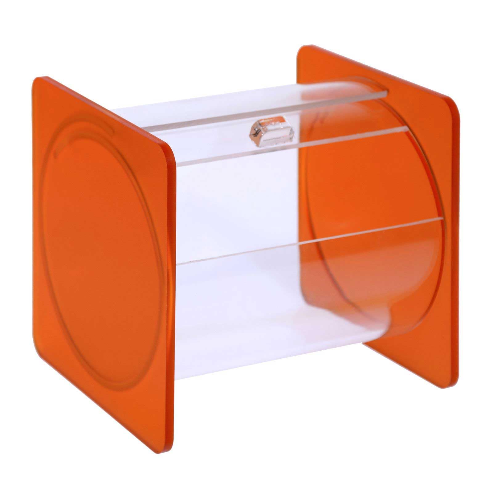 Portacaramelle confezionate sezione circolare in plexiglass trasparente e con pannelli laterali in plexiglass satinato Arancione - Misure totali: L 15 x P 14 x H 14 cm