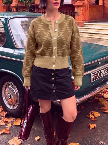 Tankaneo Womens Cropped Argyle Plaid Cardigan Sweater Preppy Outfits - Image 5