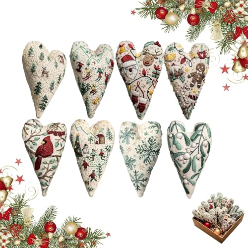 Christmas Embroidery Kit 8PCS DIY Heart Cross Stitch Kit with Needles and Thread for Beginner Christmas Ornaments Craft Kit for Adult Xmas Tree Hanging Decoration