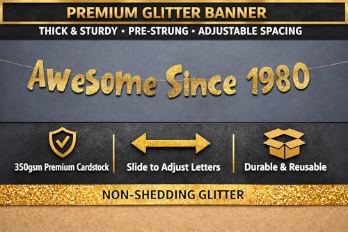 Image of Pre-Strung Awesome Since 1980 Gold Glitter Banner - Funny 46th Birthday and Anniversary Decorations for Men and Women - Party Supplies and Gifts