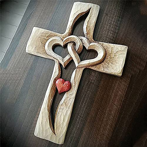 Gesneden Houten Kruis Verweven Harten, Muur Hangende Hand Gesneden Hout Kruis, Voor Vrienden, Liefhebbers En Familieleden In De Naam Van Liefde En Hoop (Wooden Hart) - Image 4