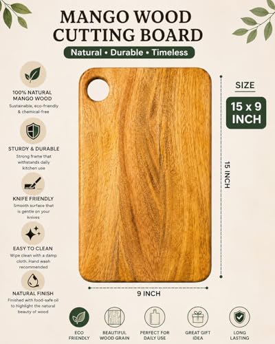Image of Premium Luxury 100% Natural Mango Wood Cutting & Chopping Board Knife-Friendly, for Vegetables, Fruits and Meat | Natural Finish | 15 x 9 x 0.75 Inch Large | Durable & Handcrafted - 1 Year Warranty