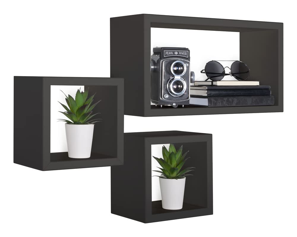 MODULARREDO | TRIBU Set di 3 Mensole da Muro, Cubi Arredo, Mensole Cubo, Parete, Portaoggetti, 44x24 e 20x20 cm, Nero - Made in Italy