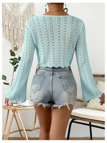 Image of Verdusa Women's Tie Front Crop Cardigan Bell Long Sleeve Scalloped Lightweight Knit Tops Summer Beach Cover Up