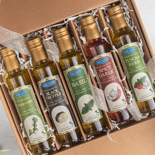 Miniatura 2 de Giusto Sapore Juego de regalo de aceite de oliva infundido con albahaca, trufa negra, hierba toscana, ajo picante, romero, caja de regalo de 5