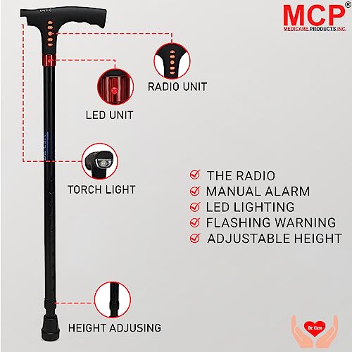 Image of MCP Healthcare Smart Rechargeable Aid Height Adjustable Hand Stick Come with Radio, Alarm, LED Bulb Light, Low Battery Indicator.