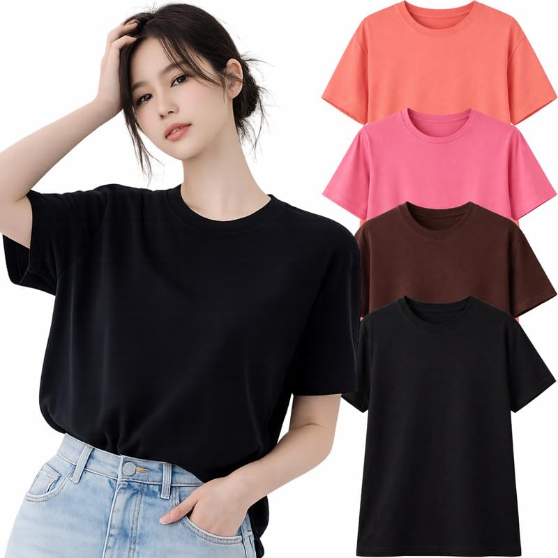 Image of London Hills Tshirt for Woman | T Shirt for Woman Cotton Casual Tops | Tshirts Shirts for Women Round Neck Short Sleeve | Women Tees Everyday Wear Basic T Shirts for Womans (Pack of 4)