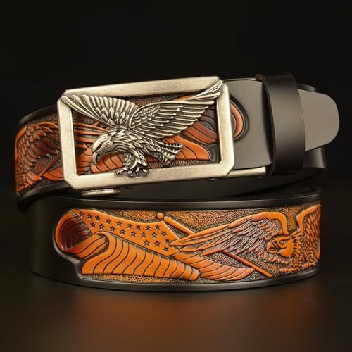 Men's Ratchet Dress Belt With Silver Eagle 3D Automatic Click Buckle - Embossed Replaceable Strap3