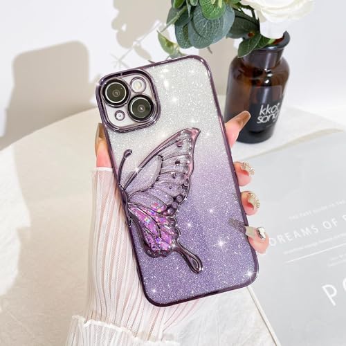 Image of SHINESTAR 3D Butterfly Case for iPhone 13 Cover, Cute Girly Glitter Bling Luxury Back Cover for Women Girls Protective Shockproof Slim Camera Protection for iPhone 13 - Purple