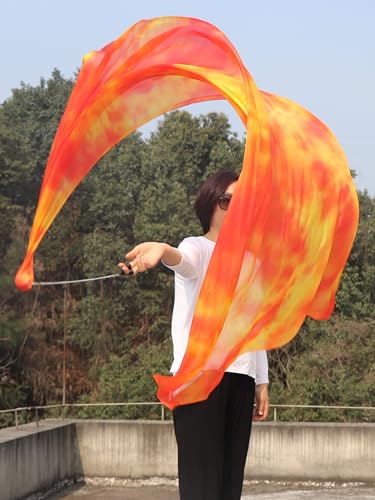 Winged Sirenny 90" Play Silk Scarf with Poi Ball, Colorful Silk Flag Ribbon Streamer, Belly Dance Practice VOI, Single Piece (Flame)4